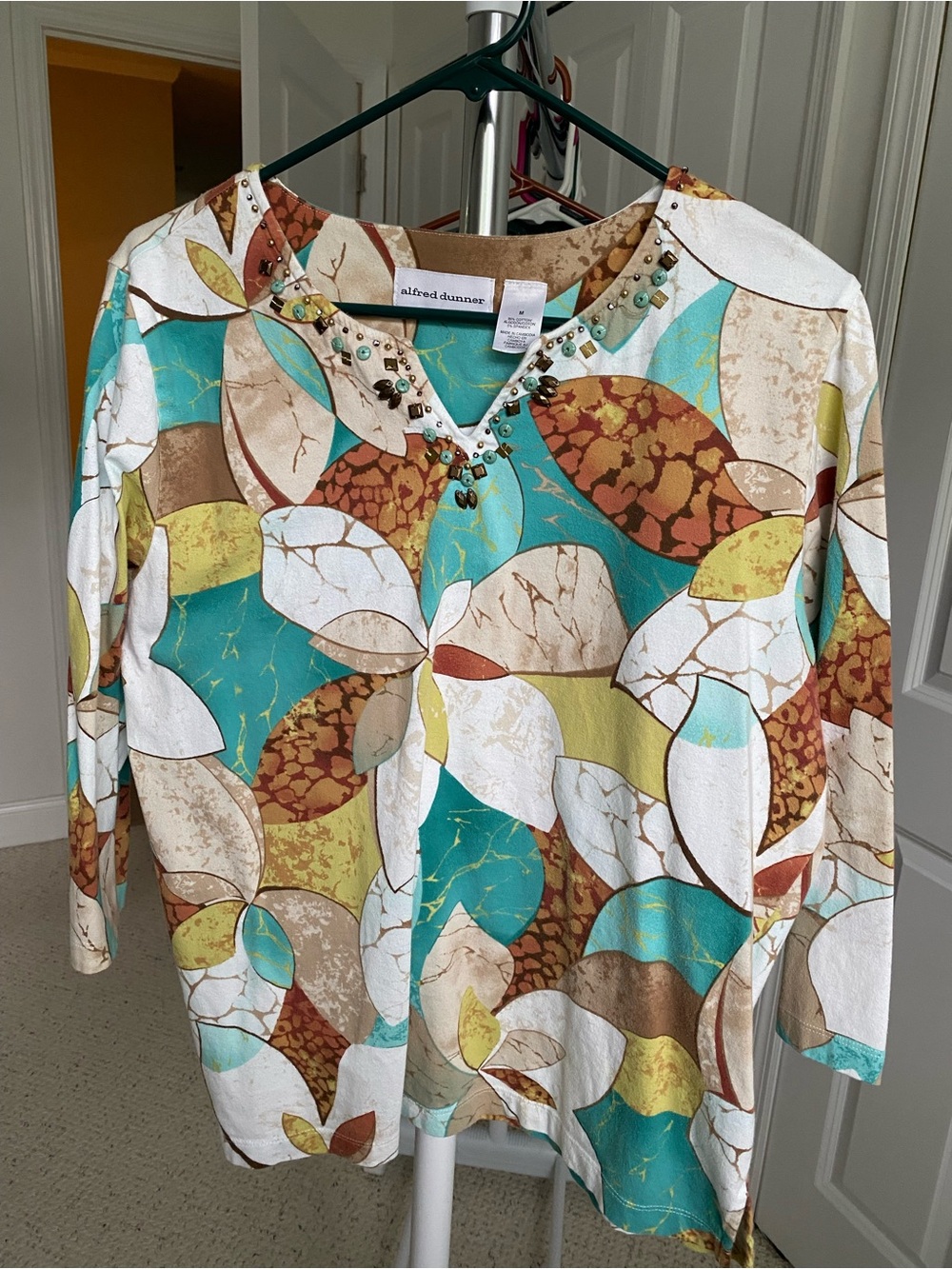 Alfred Dunner Teal, Brown and Cream Beaded V-Neck Tunic